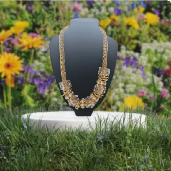 Dramatic Brass & Gold Colored Rhinestones Crystals Statement Necklace 16"